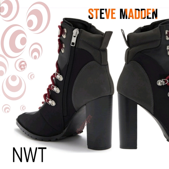 NWT Black Red Lug Sole Block Heel Lace Up Illusion Booties Boot Boots - Picture 16 of 16